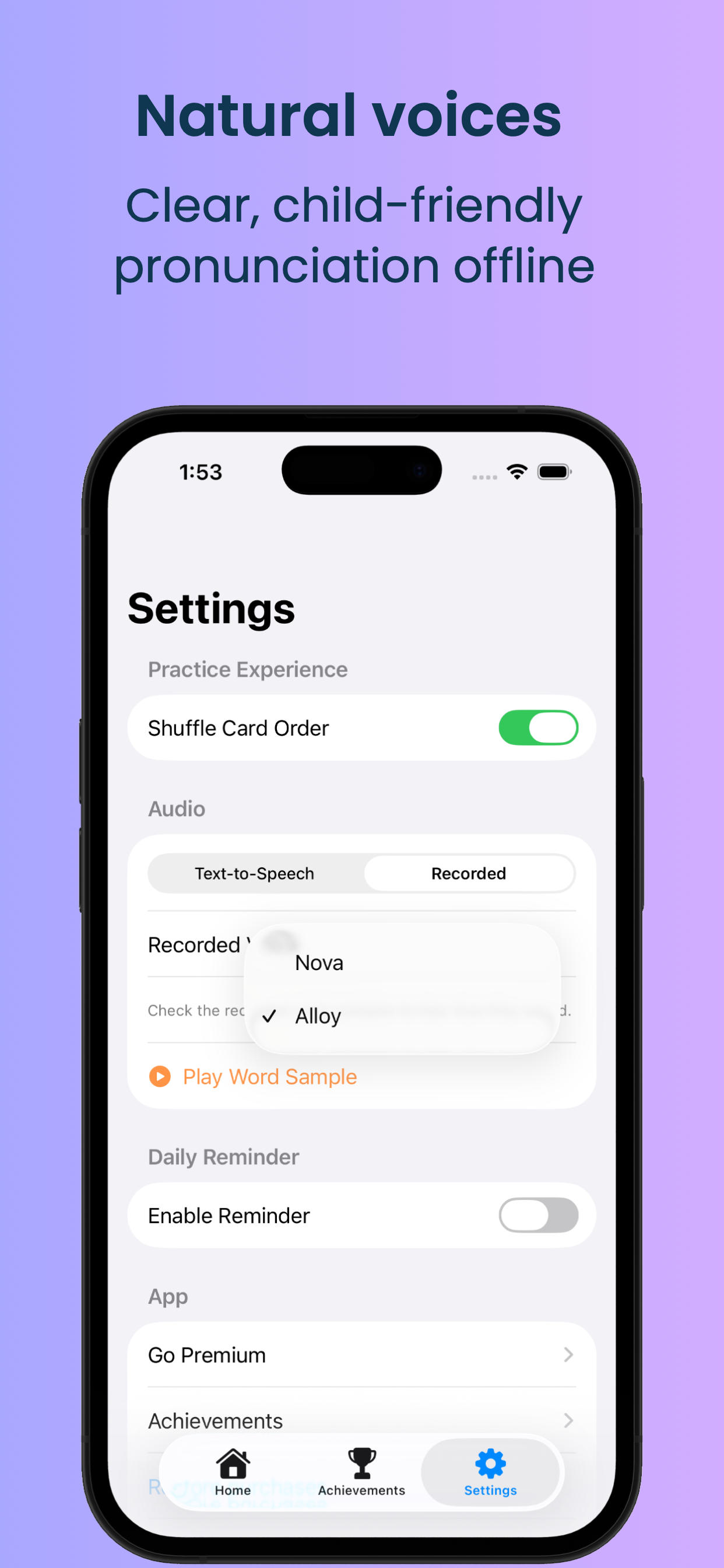 Sight Word Cards — settings and customization